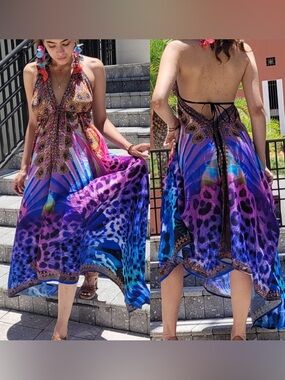 Vibrant Purple & Blue Halter Summer Dress